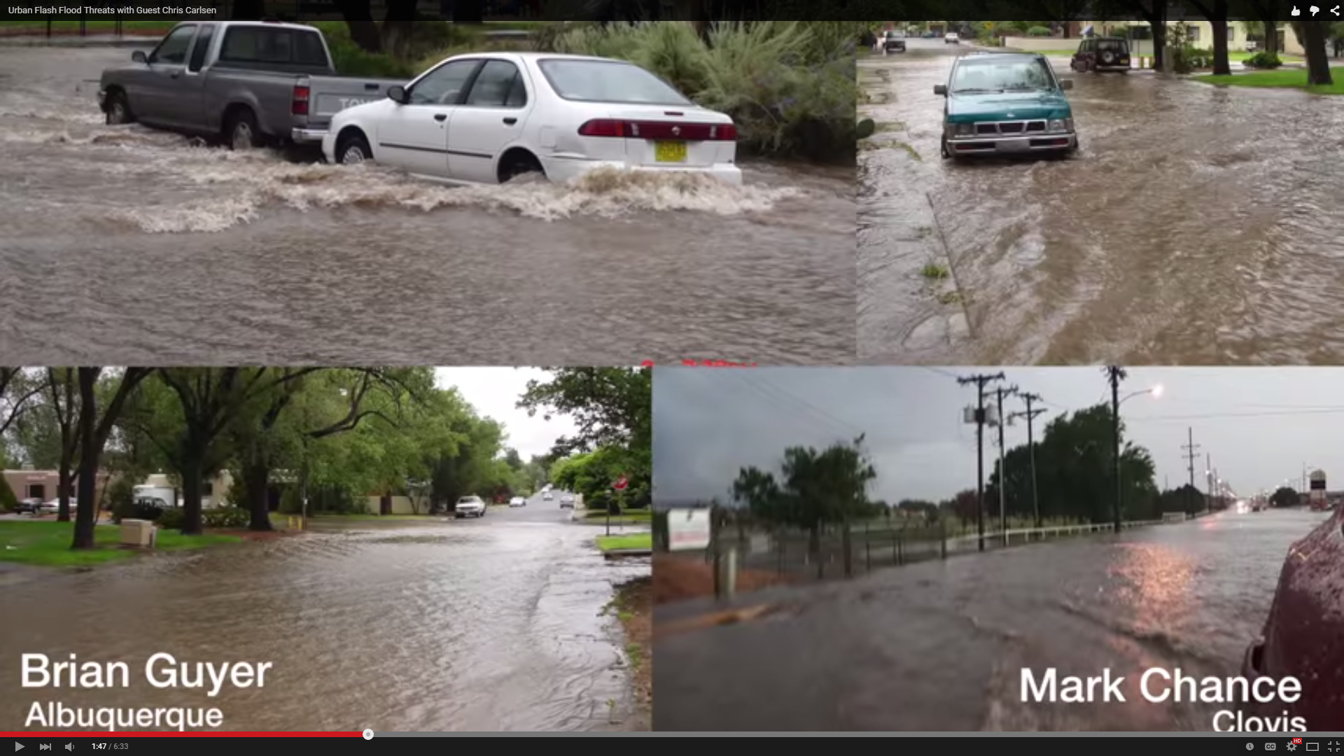 Pictures of urban flooding showing streets underwater and cars at various levels of flooding.