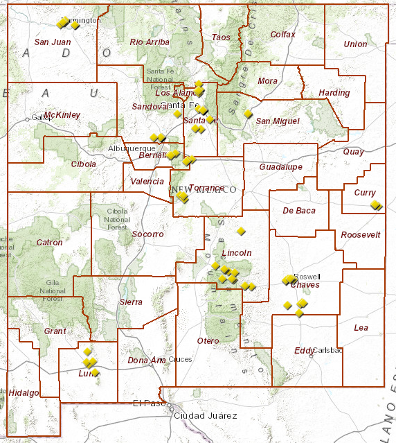 A map of New Mexico showing the locations of 149 Turn Around Don't Drown signs.