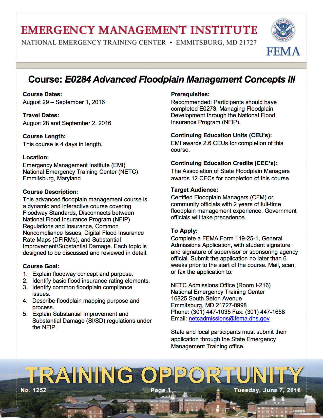 The training bulleting with course information.