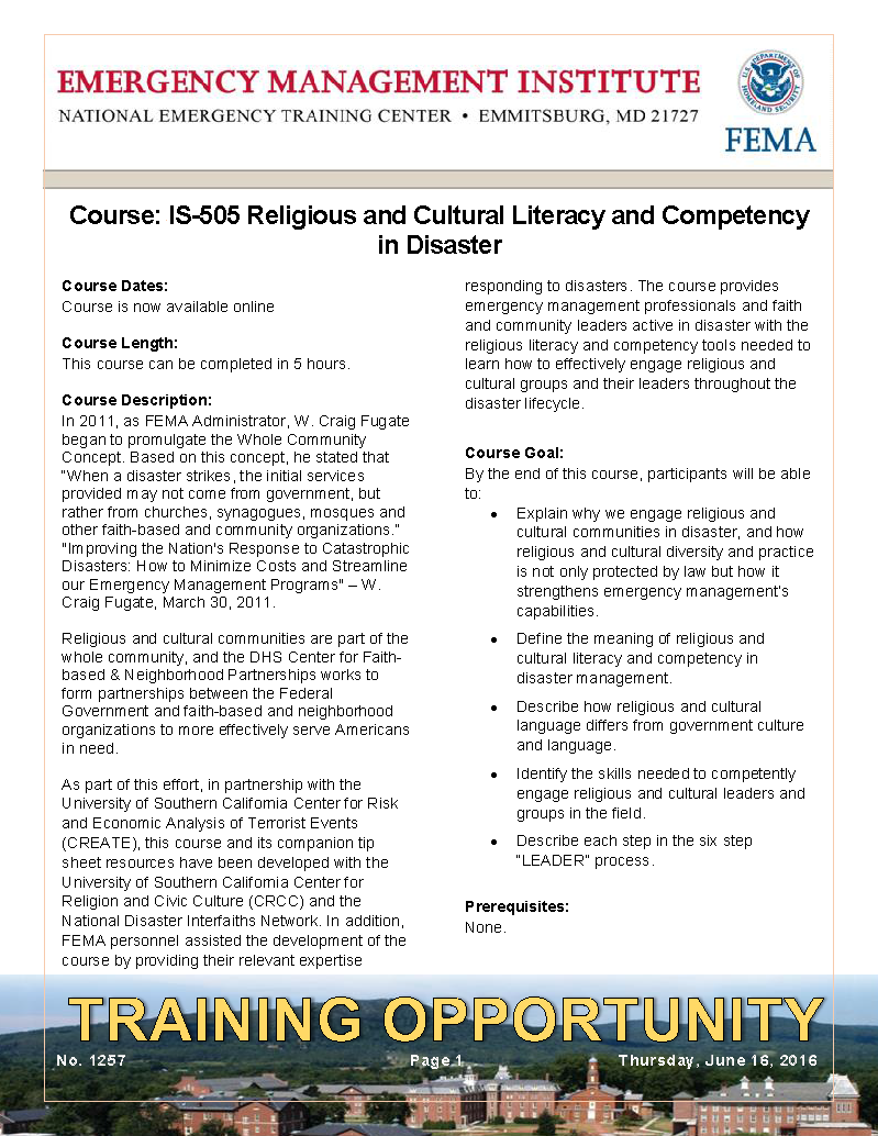 A screen capture of the FEMA flyer for course IS-505.